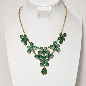 Elegant Green Floral Gold Tone Statement Necklace